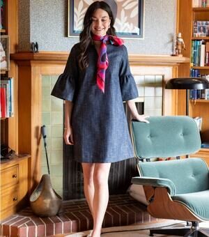 Lesley Evers Vera Dress Small Chambray Bell Sleeve Shift A-Line Pockets USA